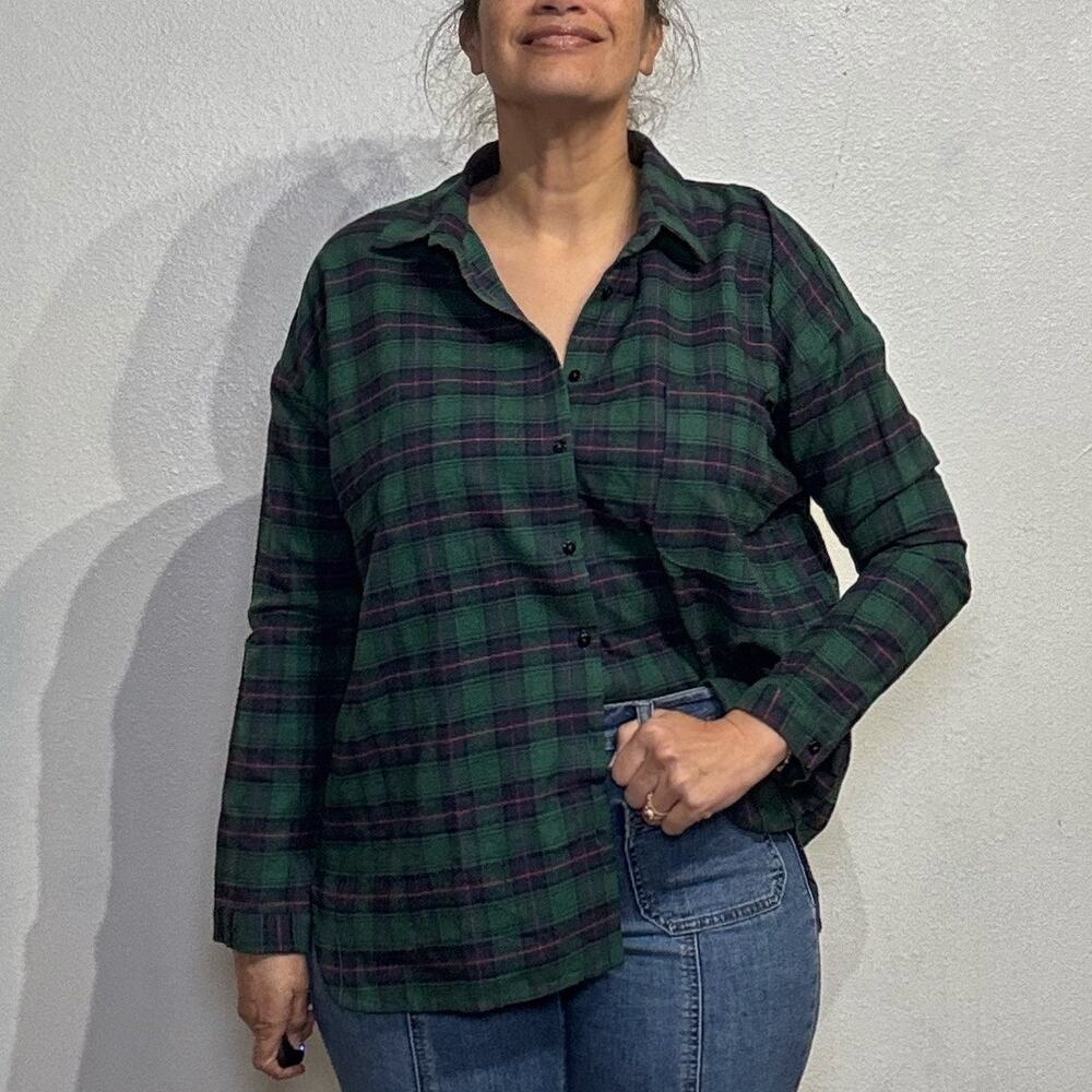 Umgee Green Plaid Embroidered Flannel Button Down Sz S